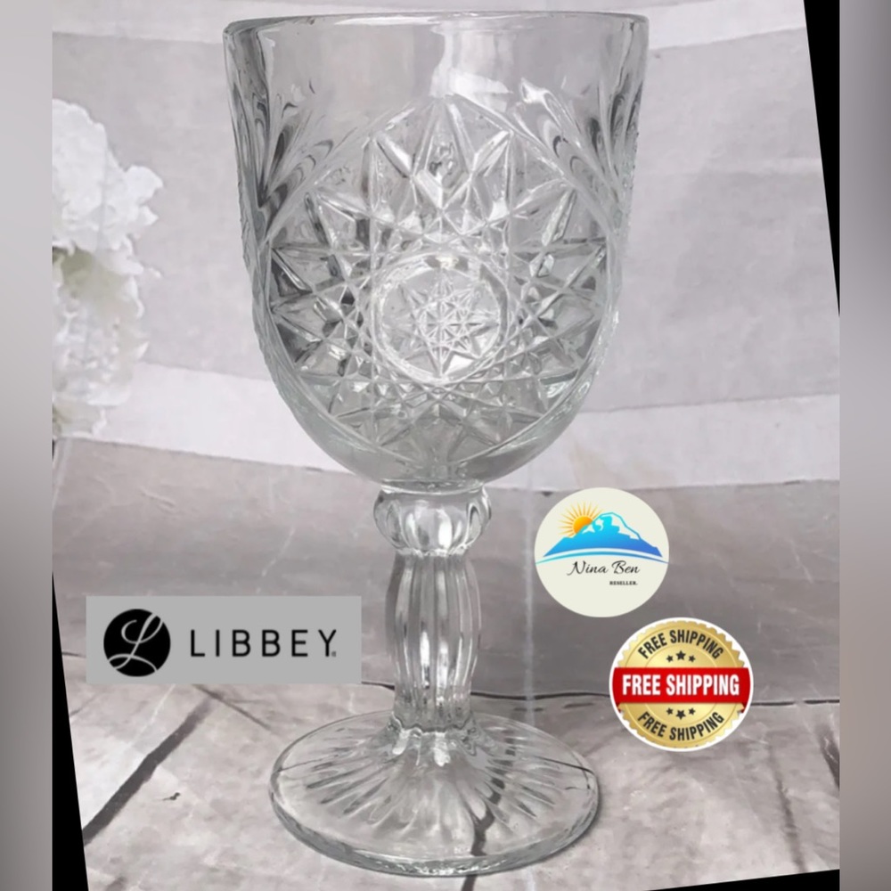 vintage Libbey cut glass wine goblet falling leaves And Stars